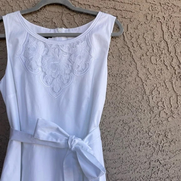 TALBOTS White Embroidered Sateen Fit & Flare Tie Belted Midi Dress Sz 12 - Picture 7 of 14
